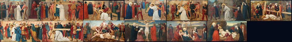 Appraisal: ARTS CRAFTS WILLIAM MORRIS INFLUENCED STATIONS OF THE CROSS Oils