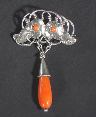 Appraisal: An Evald Nielsen silver and coral drop brooch stamped marks