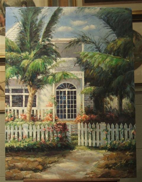 Appraisal: FRENCH DOOR IN PALMS Oil on canvas x in sight