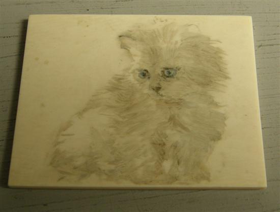 Appraisal: Ivory plaque painted in watercolour a white cat with blue