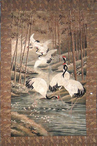 Appraisal: A large embroidered silk wall hanging Meiji Taisho Period The