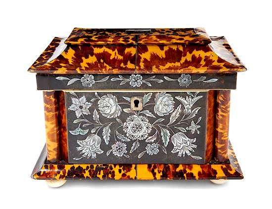 Appraisal: A Victorian Silver Inlaid Tortoise Shell Tea Caddy Height x