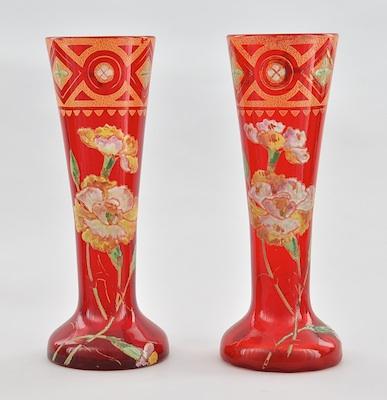 Appraisal: A Pair of Ruby Red Glass Vases with Enameled Decorations