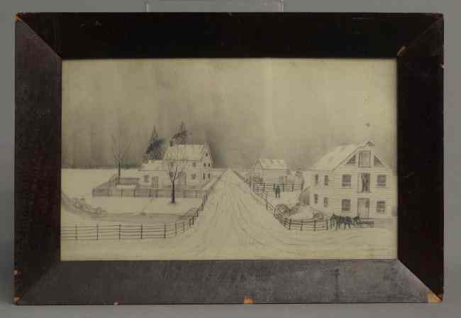 Appraisal: th c sandpaper drawing winter farm scene Site '' x