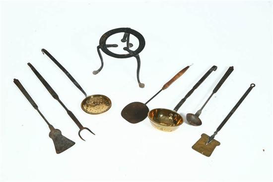 Appraisal: GOOD GROUP OF FIREPLACE UTENSILS Nineteenth century iron and brass