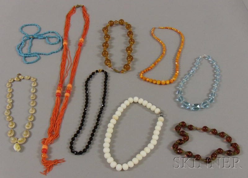 Appraisal: Nine Assorted Beaded Necklaces including mother-of-pearl amber hardstone glass and