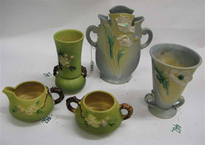 Appraisal: FIVE AMERICAN ROSEVILLE ART POTTERY PIECES includes two vases in