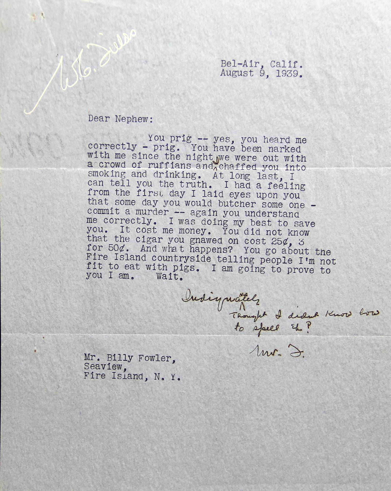 Appraisal: FIELDS W C - Autograph Letter Signed and Typed Letters