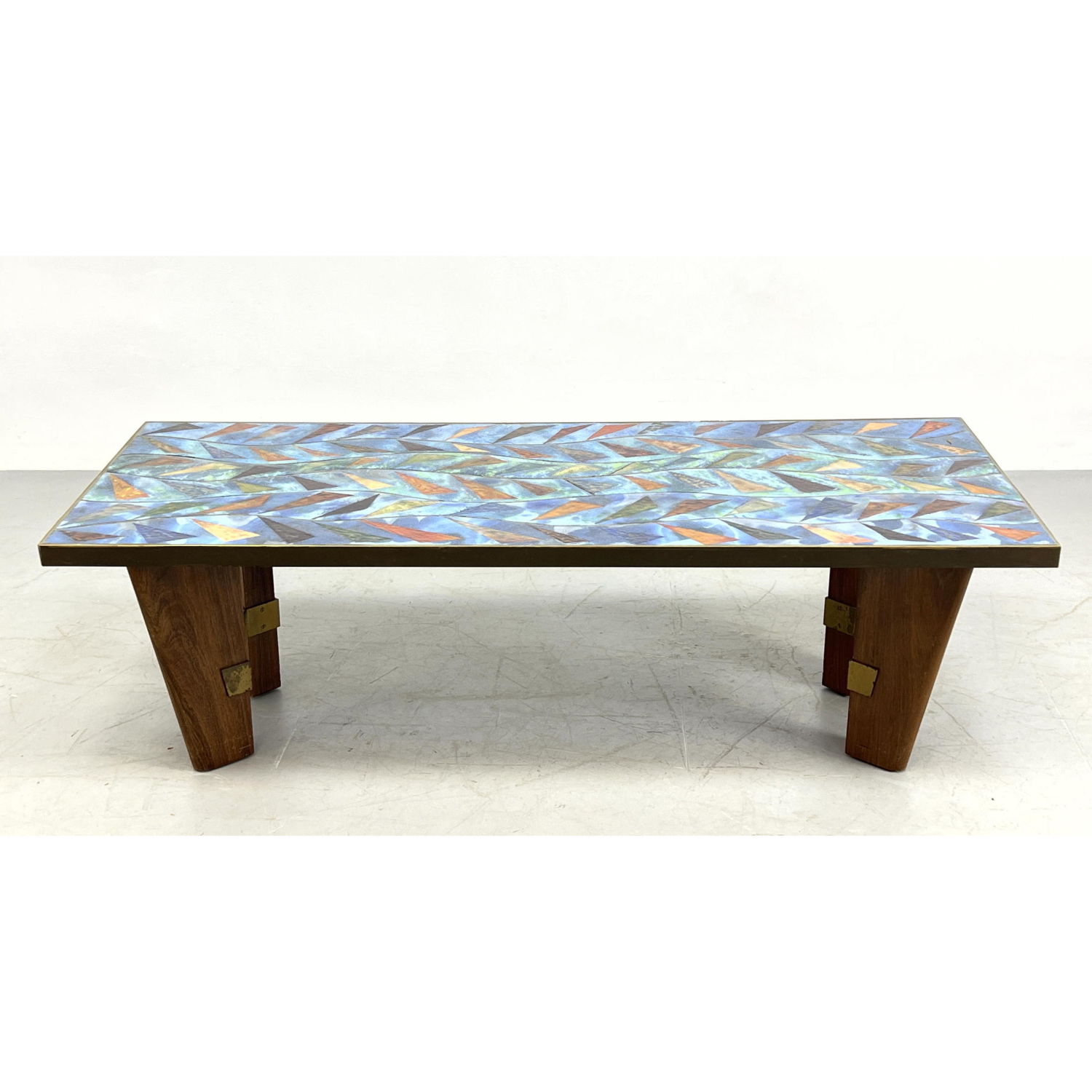 Appraisal: PAOLO DePOLI Attributed Enamel Top Coffee Table Brass and Walnut