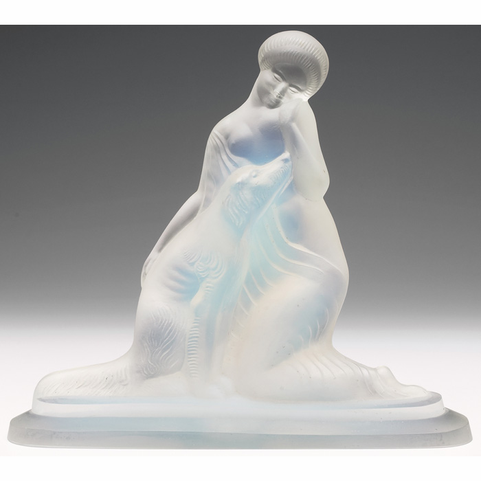 Appraisal: Etling sculpture French c woman and dog in frosted glass