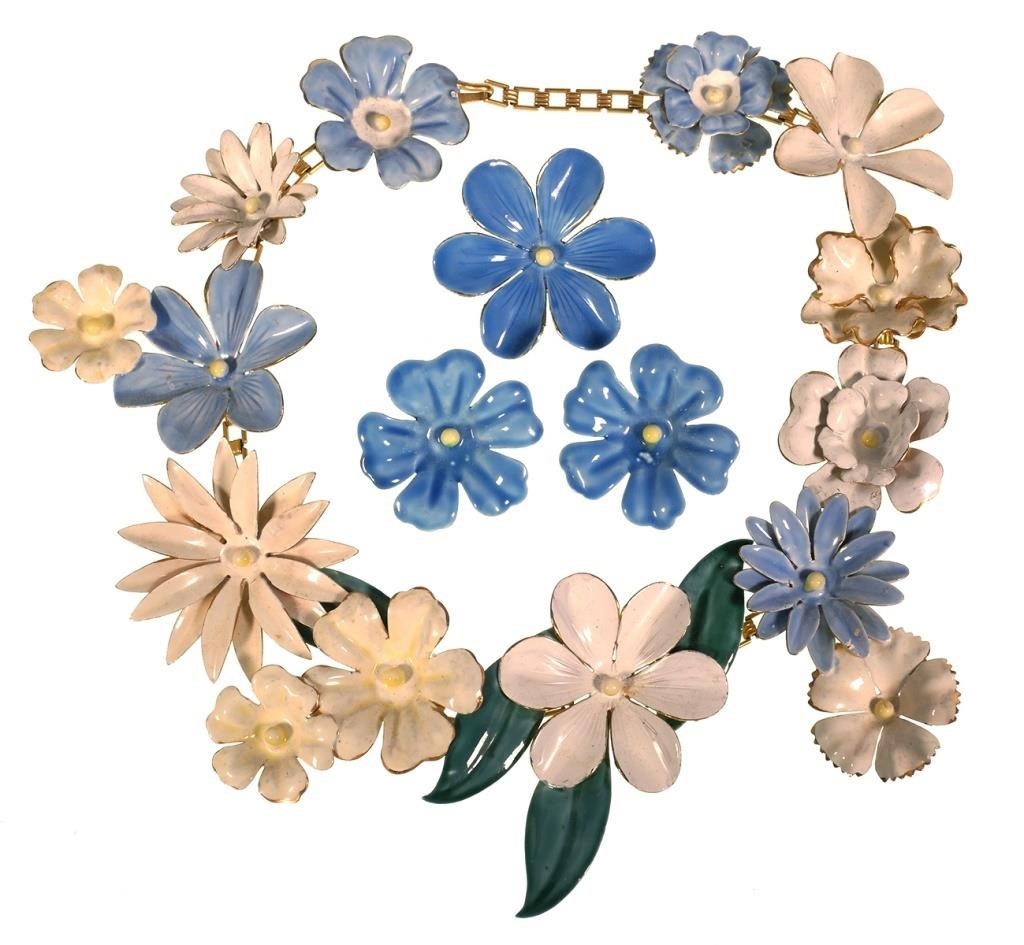 Appraisal: s vintage Sandor enamelled spring blossoms demi parure consisting of