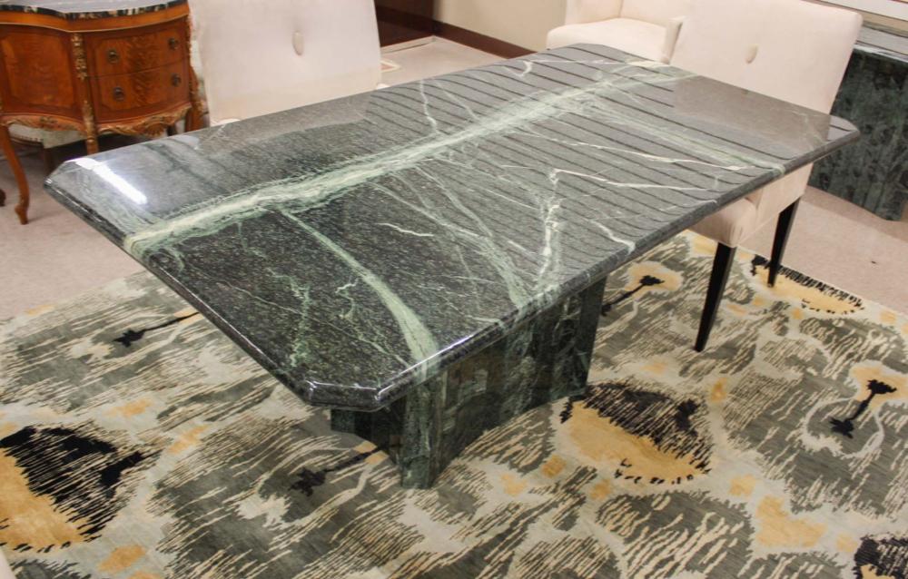 Appraisal: A CONTEMPORARY ITALIAN VERDE MARBLE PEDESTAL DINING TABLE having a