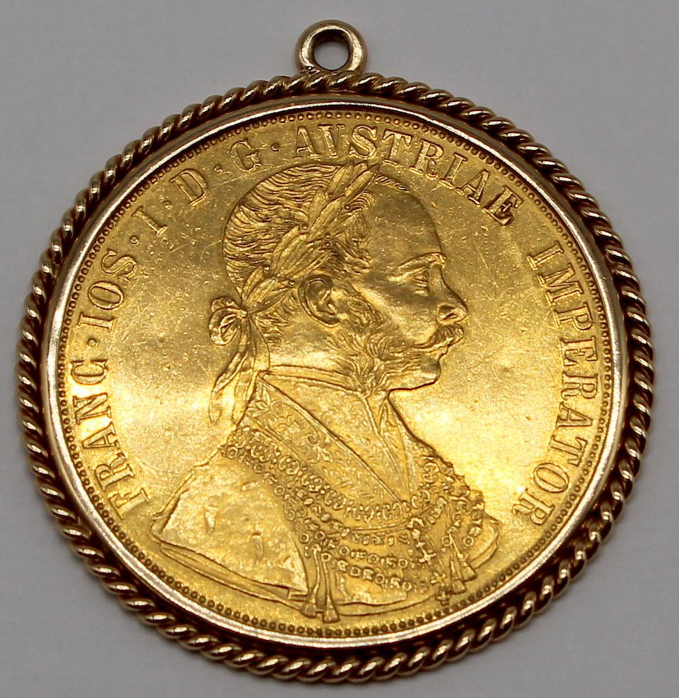 Appraisal: JEWELRY Austrian Ducat Coin Pendant Austrian ducat gold coin mounted