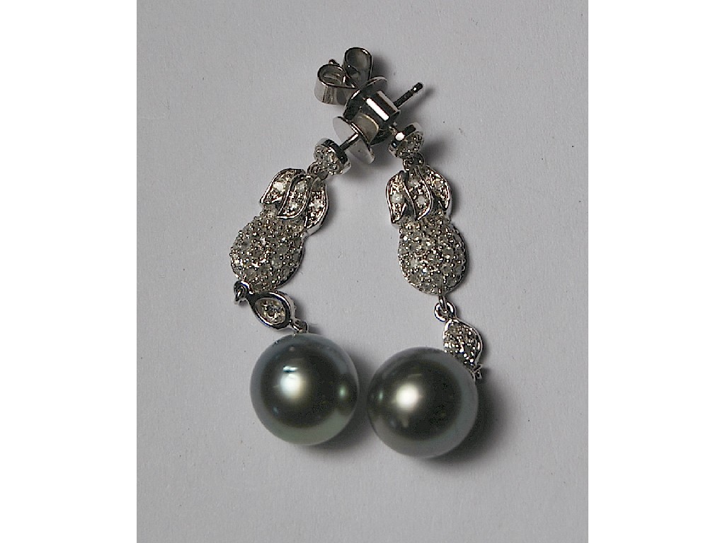 Appraisal: Pair of black Tahitian pearl and diamond drop earrings suspended