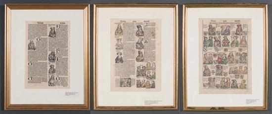 Appraisal: Three portrait pages from Nurnberg Chronicles with color framed Estimate