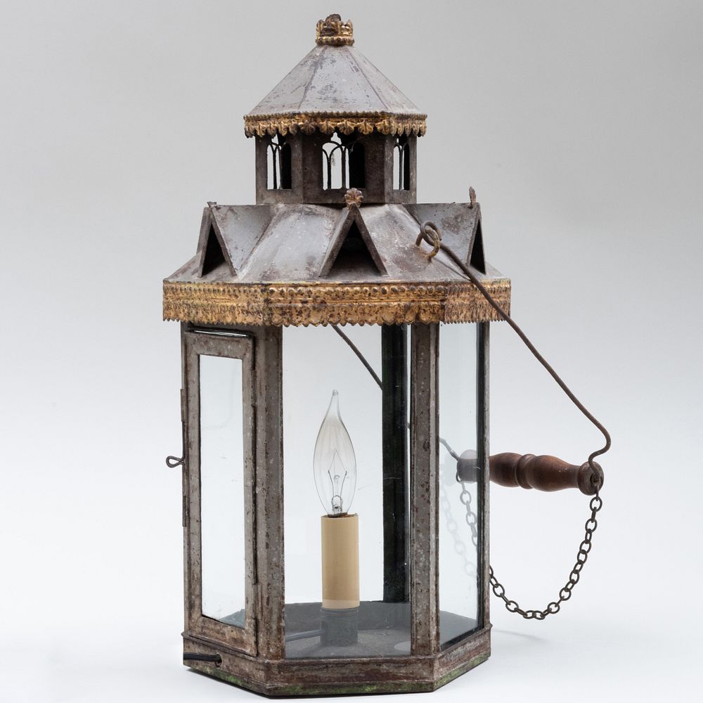 Appraisal: Tole and Parcel-Gilt Faceted Lantern Electrified x in Sold Stair