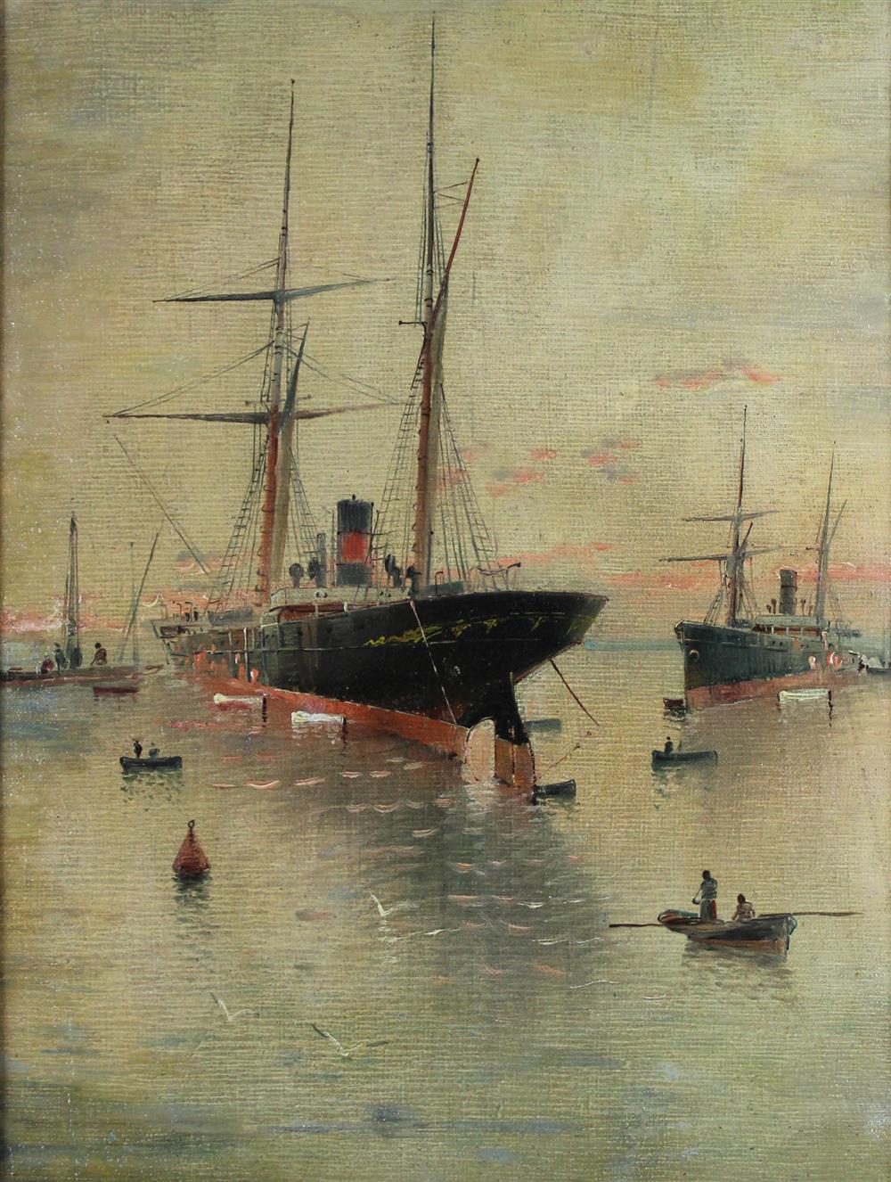 Appraisal: SHIPS IN A HARBOR Oil on canvas x in Framed