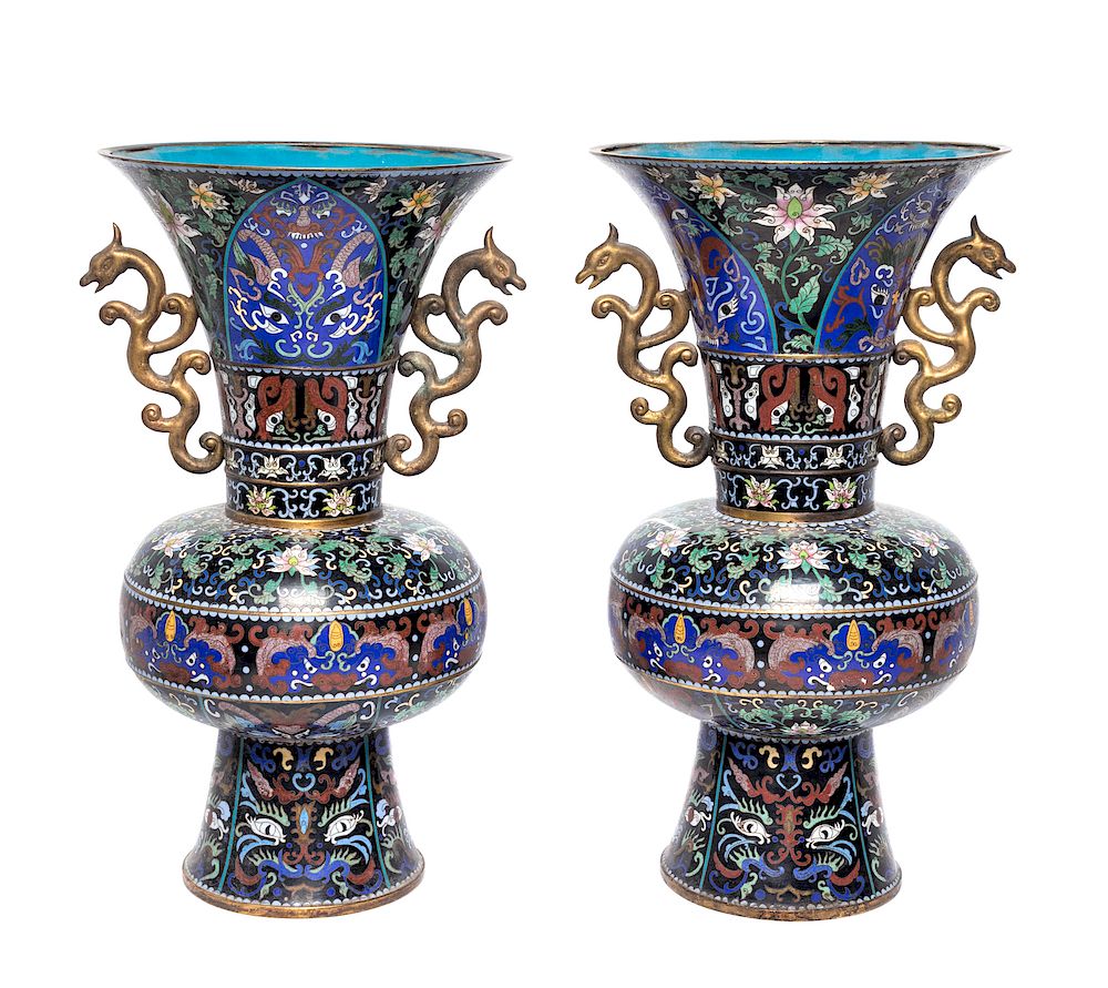 Appraisal: A Pair of Large Chinese Cloisonne Enamel Gu-Form Urns A