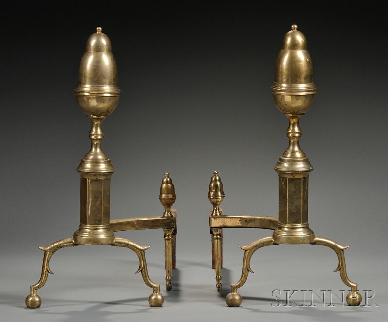 Appraisal: Pair of Brass and Iron Acorn-top Andirons New York c