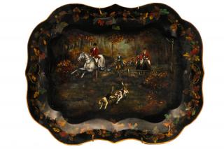 Appraisal: English Polychromed Tole Tray Hunt Scene English late th early