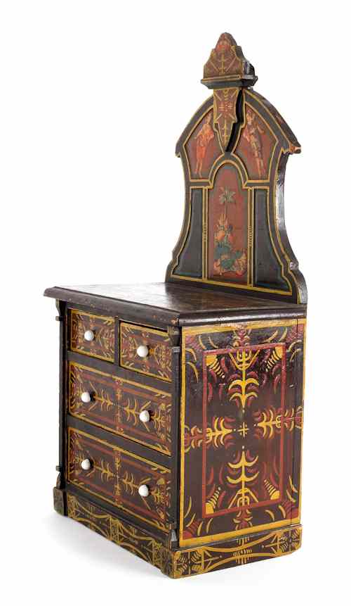 Appraisal: Painted pine doll's dresser late th c with applied decoupage