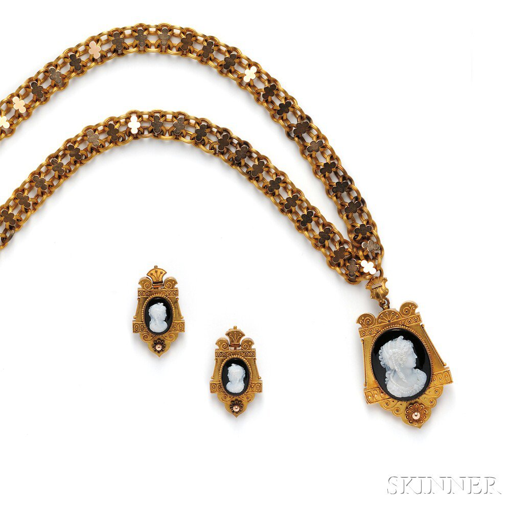 Appraisal: Antique Gold and Hardstone Cameo Suite comprising a pendant necklace