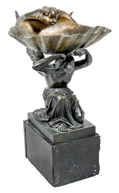 Appraisal: Bronze Angel Sculpture Supporting Scallop Shell Continental th century kneeling