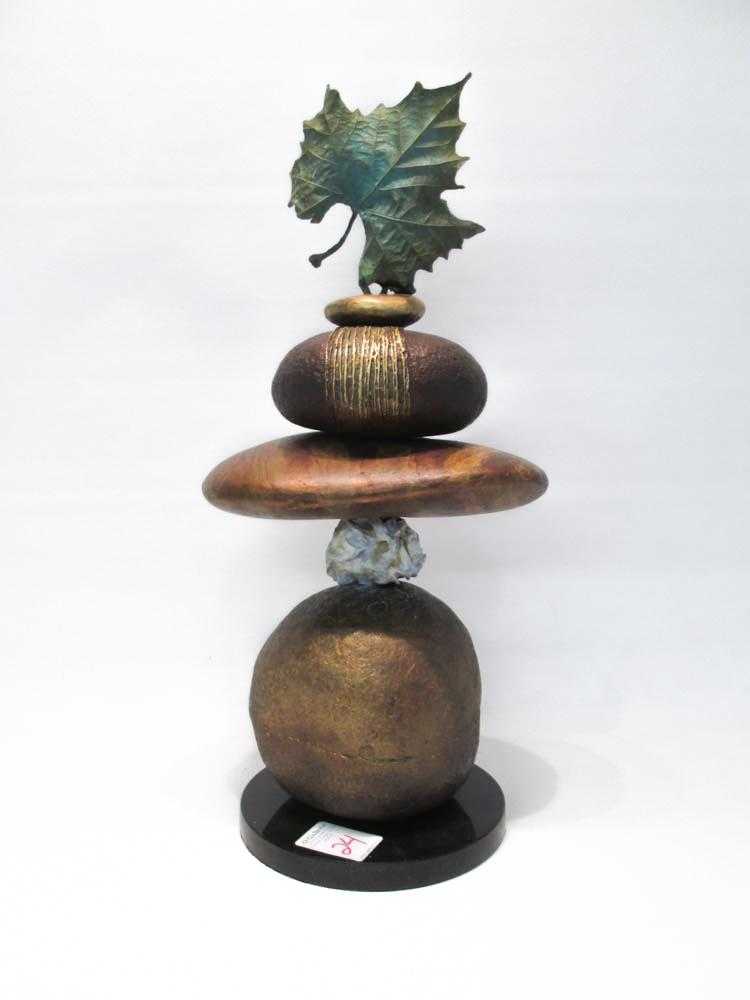 Appraisal: WARREN CULLER BRONZE CAIRN SCULPTURE with stacked bronze stones topped