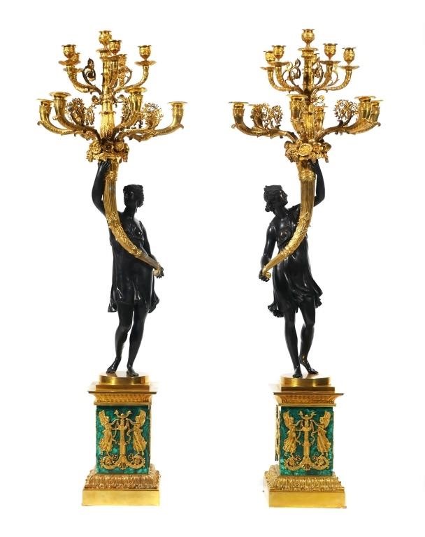 Appraisal: PAIR NEOCLASSICAL BRONZE MALACHITE CANDELABRAPair light candelabras or candle holders