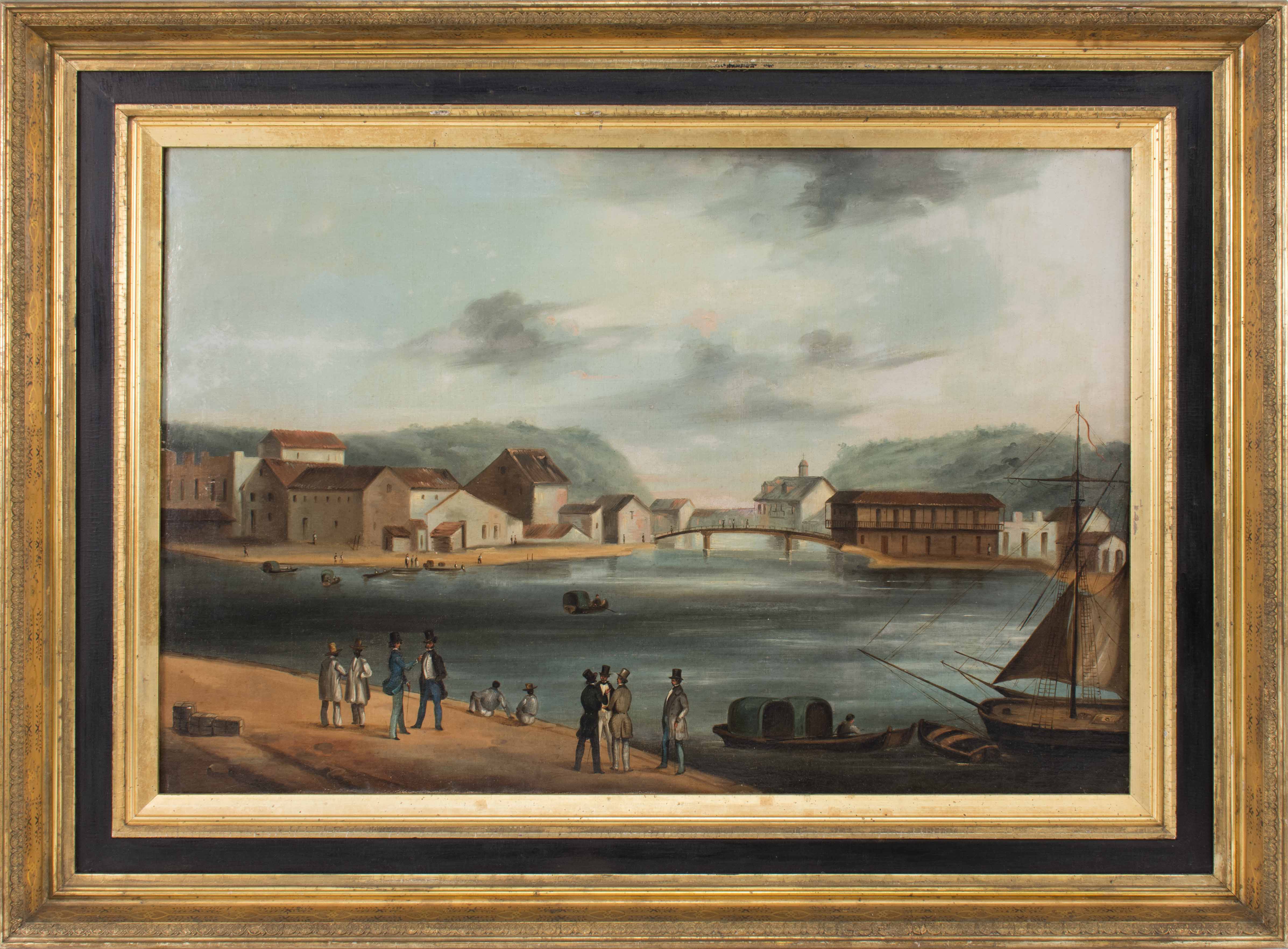 Appraisal: CONTINENTAL SCHOOL th CenturyFigures by a harbor Unsigned Oil on