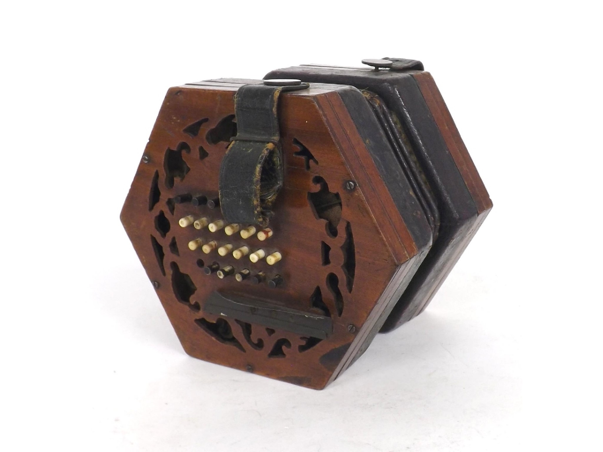 Appraisal: English forty-eight button concertina with pierced mahogany ends and four-fold