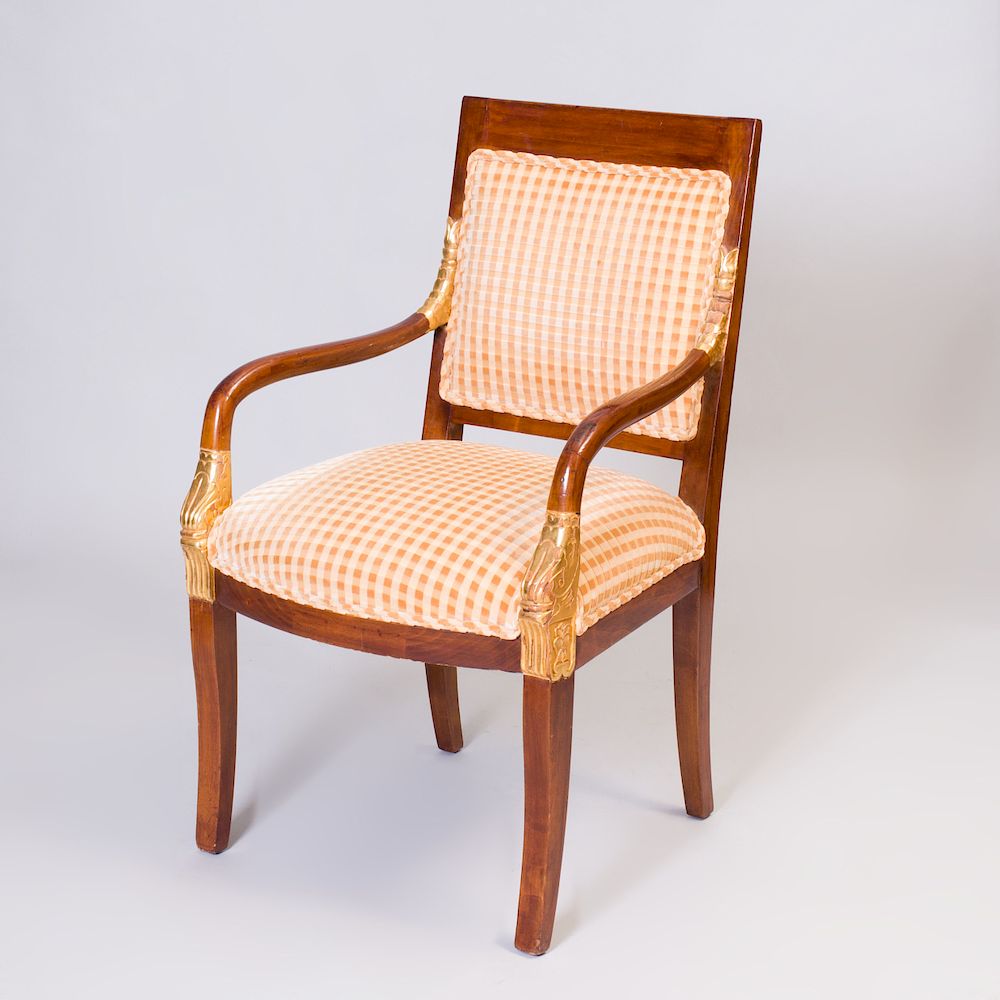 Appraisal: Empire Style Mahogany and Parcel-Gilt Fauteuil la Reine Upholstered in