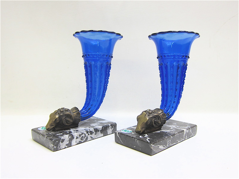 Appraisal: PAIR OF COBALT BLUE VASES bronze figural ram heads with