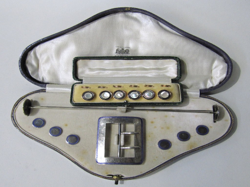 Appraisal: Lot comprising cased silver and enamel buckle button and hat