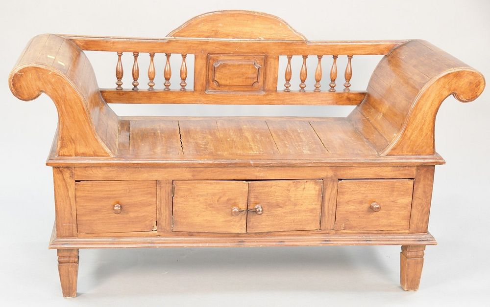 Appraisal: Bench with doors and drawers small board cracked in seat