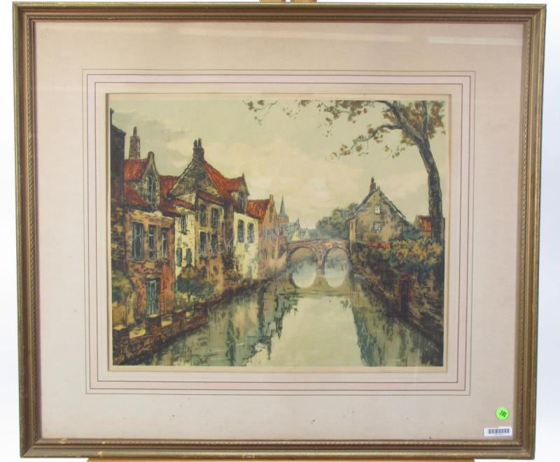 Appraisal: A framed antique offset print depicting European village with orange