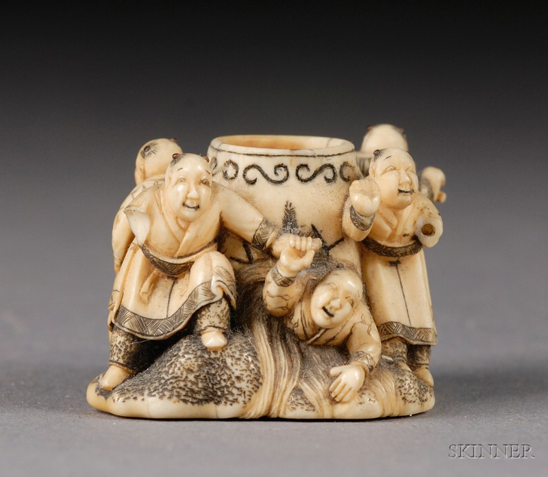 Appraisal: Ivory Netsuke th century five boys and a large wine