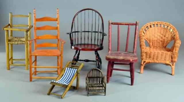 Appraisal: American Minature Wood Wicker ChairsTo include Windsor example wicker examples