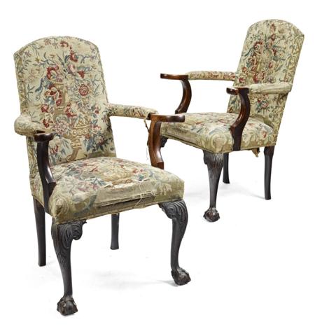 Appraisal: PAIR OF GEORGE II MAHOGANY AND TAPESTRY UPHOLSTERED SIDE CHAIRS