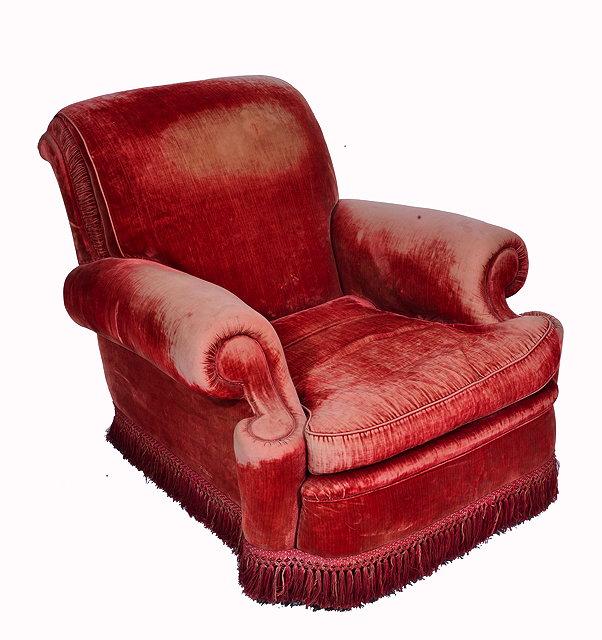 Appraisal: A 'S RED PLUSH UPHOLSTERED ARMCHAIR with loose cushions cm