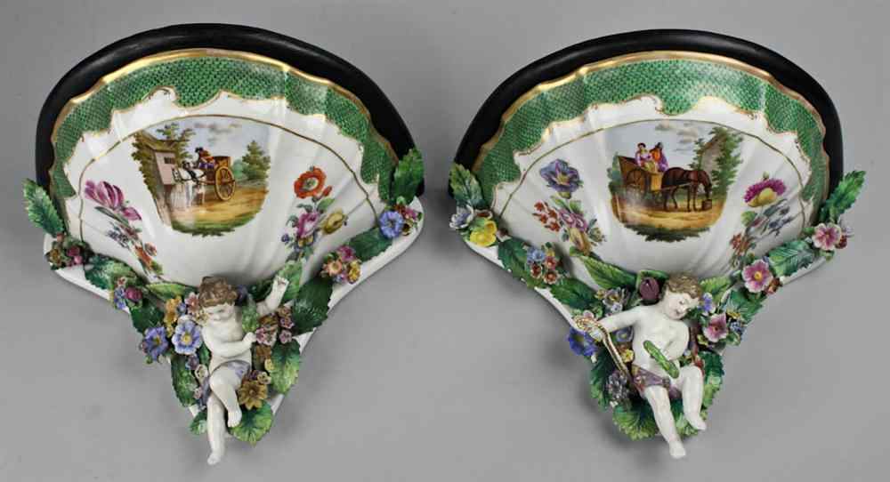 Appraisal: PAIR OF MEISSEN STYLE WALL BRACKETS the tapering ogee porcelain