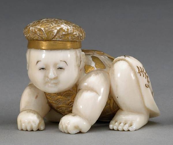 Appraisal: An ivory and gilt lacquer figural netsuke Well carved and