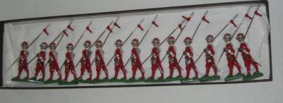 Appraisal: Fourteen Britains metal pikemen in silver armour and red uniforms