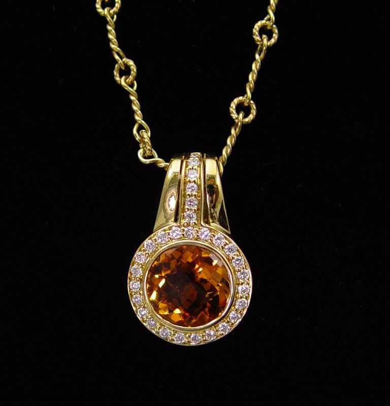 Appraisal: K CITRINE DIAMOND PENDANT CHAIN K yellow gold enhancer pendant