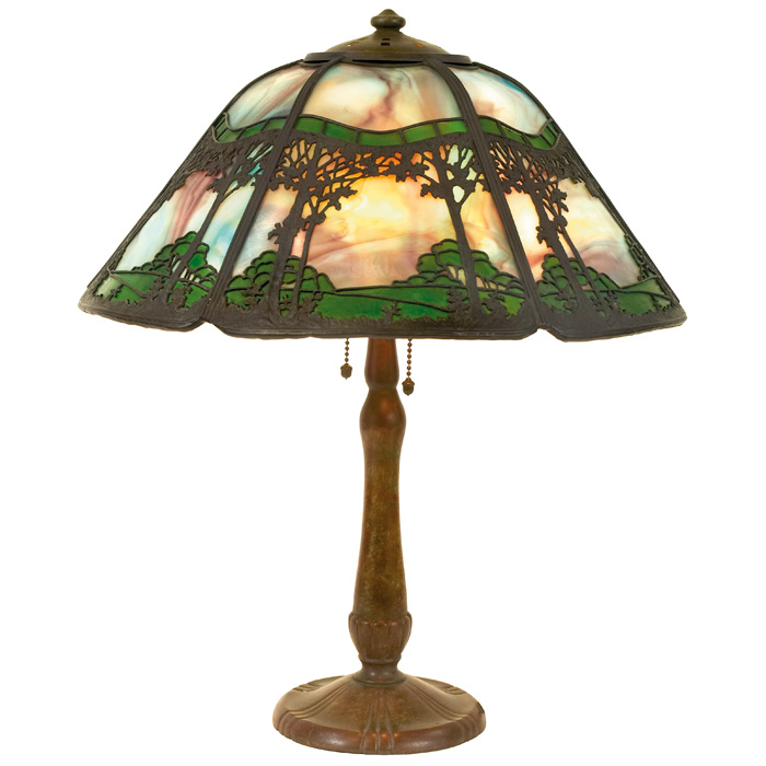 Appraisal: Handel table lamp slag glass shade with overlay metal tree