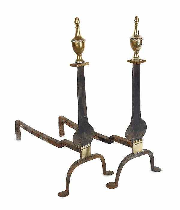 Appraisal: Pair of Federal brass and iron knife blade andirons ca