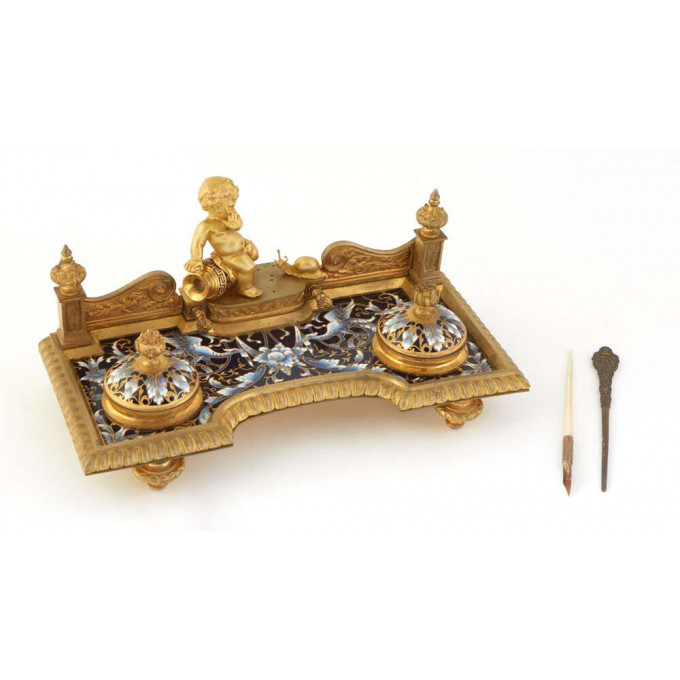 Appraisal: French Gilt Bronze and Champleve Figural Inkwell th c the