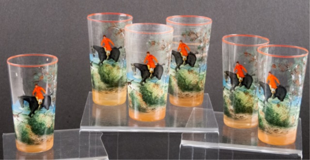 Appraisal: Six Fox Hunt Themed Glasses pieces