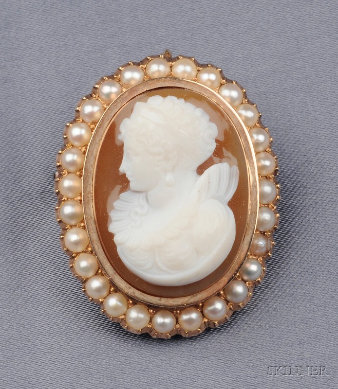 Appraisal: Antique Hardstone and Seed Pearl Cameo Pendant Brooch the carnelian