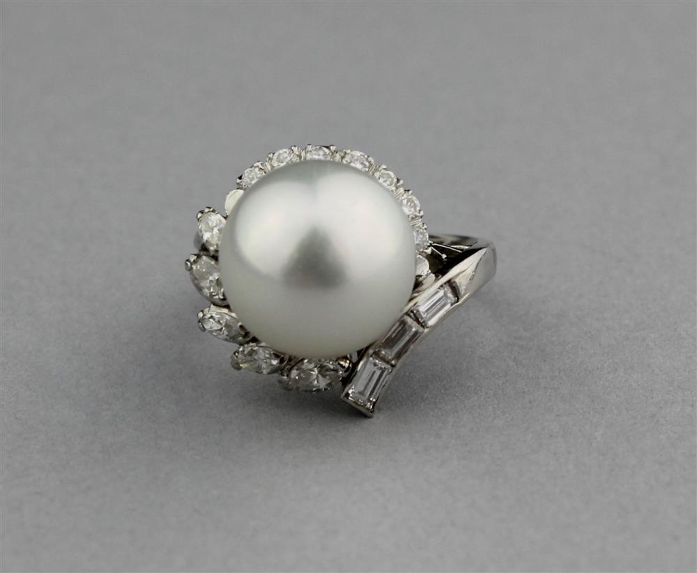 Appraisal: PLATINUM AND SOUTH SEA CULTURED PEARL RING WITH DIAMOND SURROUND